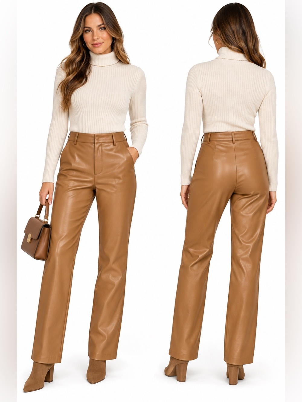 MESHKI Dark Tan Faux Leather Straight Leg Pants NWT Size S